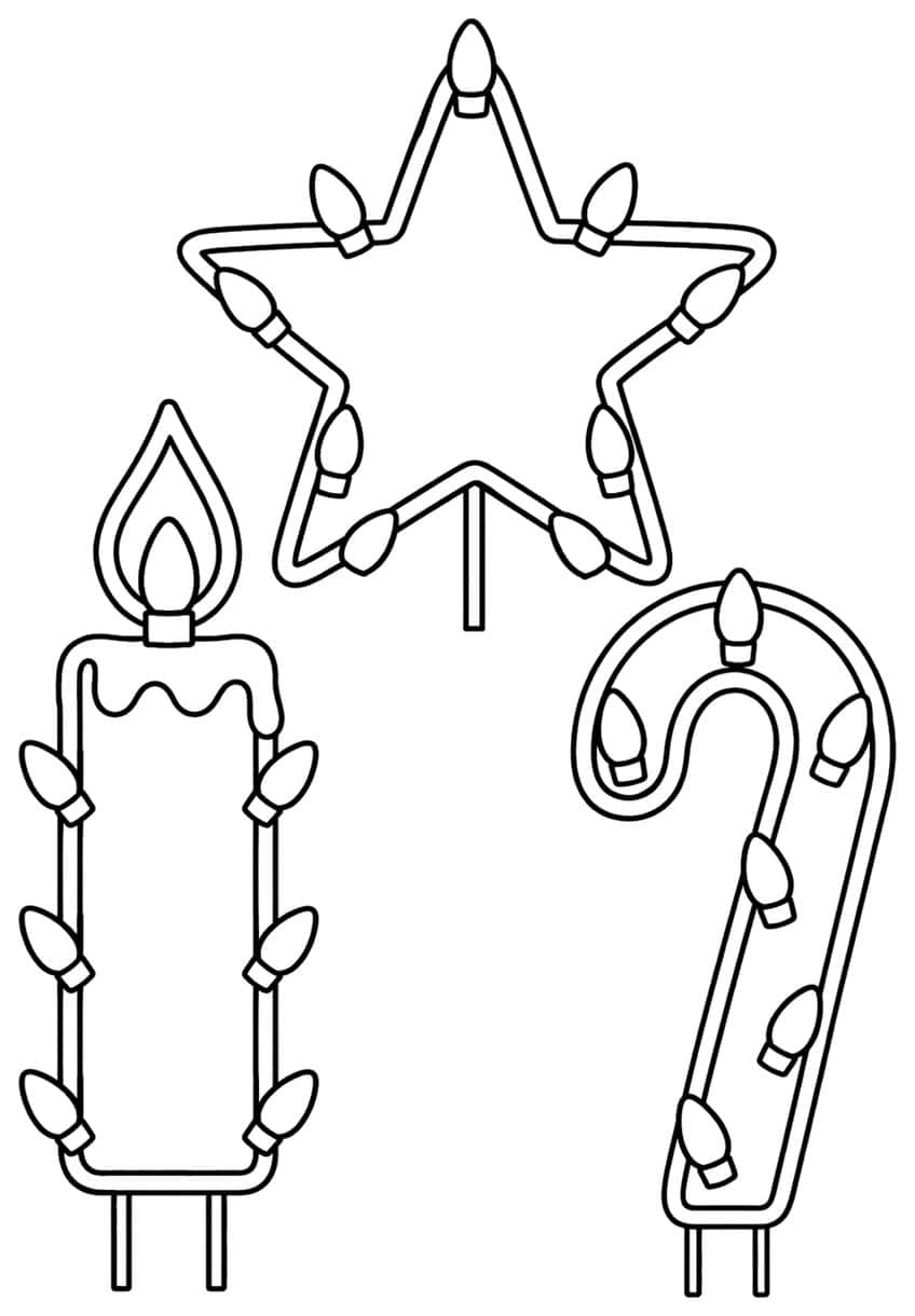 Outlined lawn candle, star and candy cane decorations trimmed with pointed Christmas bulbs