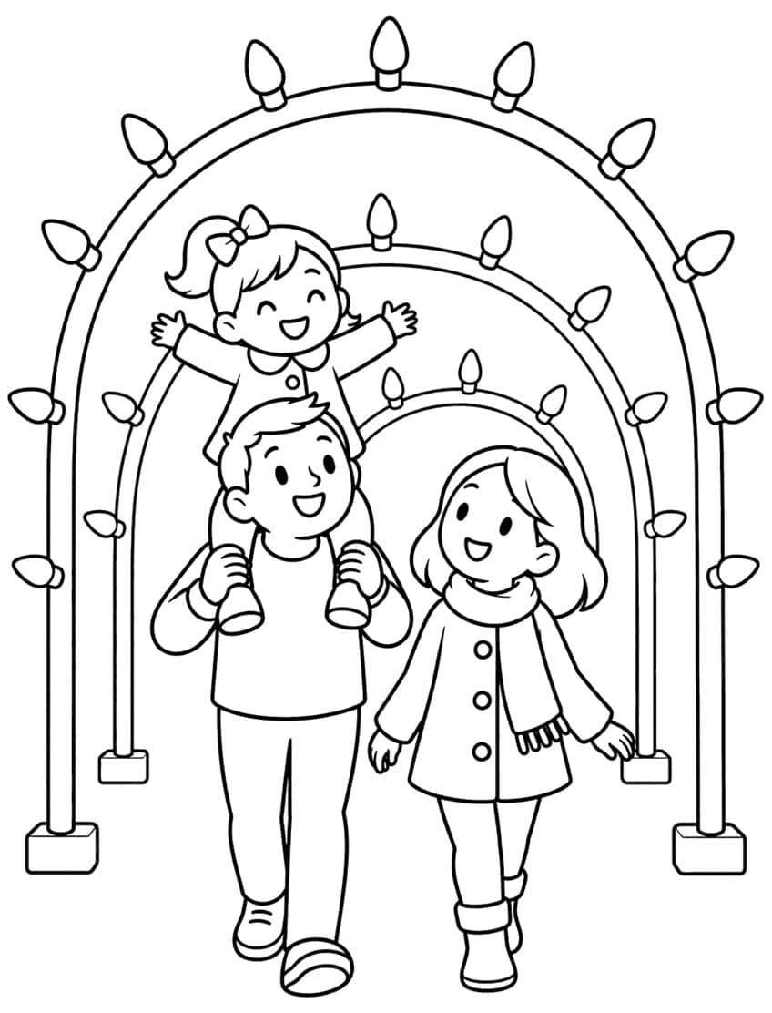 Man carrying a girl on his shoulders and a woman walking under three arches of Christmas bulbs