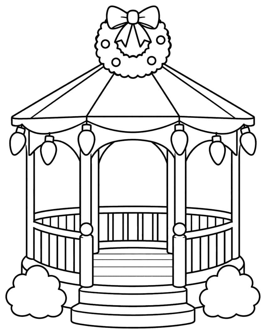 Gazebo with a bow wreath on the roof, six hanging bulbs, railing, front steps and two bushes