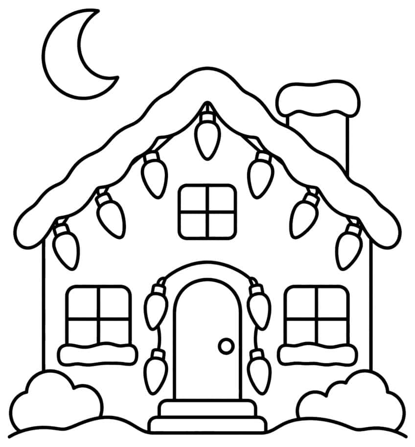House with snowy roof, hanging light bulbs, arched door, three windows, chimney, crescent moon and snow bushes