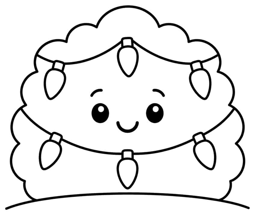 Smiling cartoon shrub with two draped strands of six pointed bulbs on a ground line