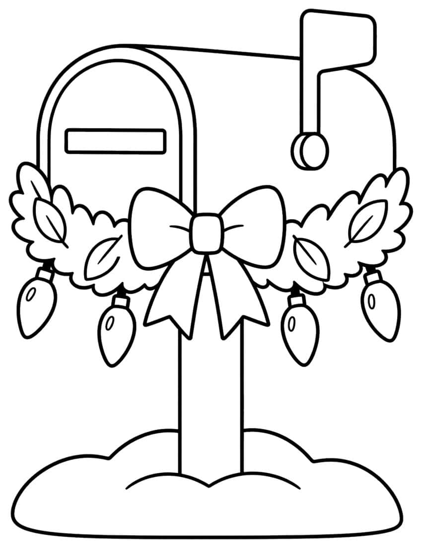 Mailbox with raised flag, leafy garland, big bow and four hanging bulbs on a snow mound