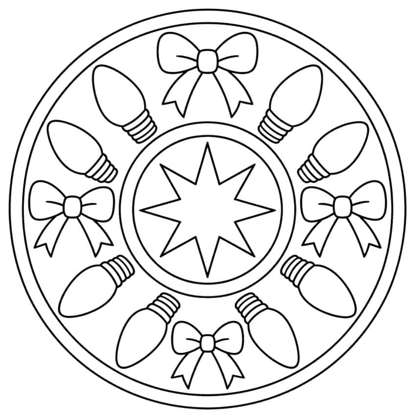 Round mandala with eight-pointed star, eight Christmas bulbs and four bows
