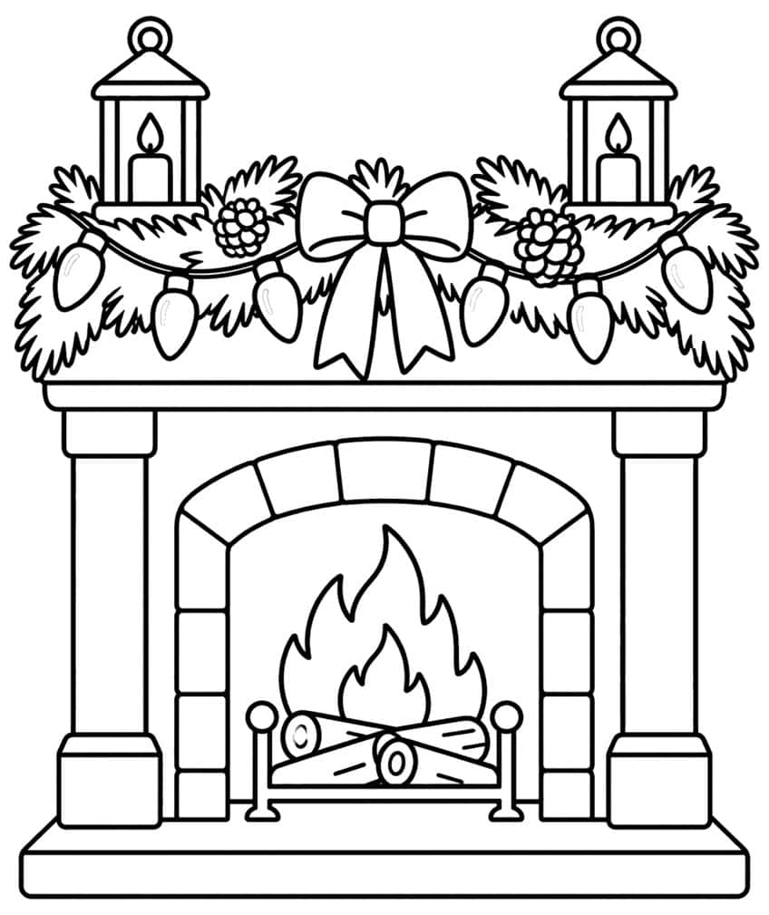 Fireplace with arched stone opening, burning logs, mantel garland with bulbs, pinecones, bow and two lanterns