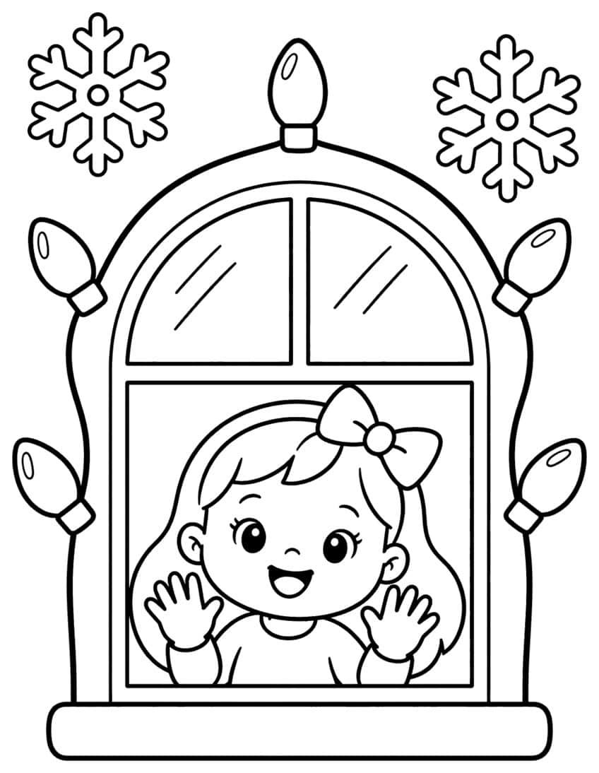 Girl with a bow waving in an arched window framed by five Christmas bulbs and two snowflakes