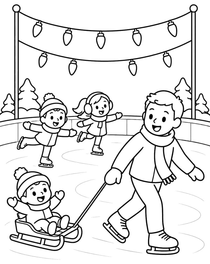 Man on ice skates pulling a child on a sled, two skating children, bulb strands and fir trees