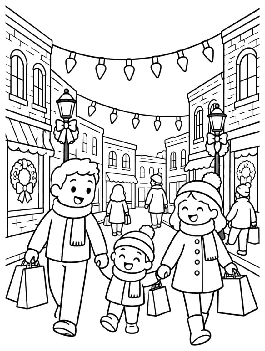 Family with shopping bags on a Main Street with bulb strands, lamp posts, wreaths and brick shops