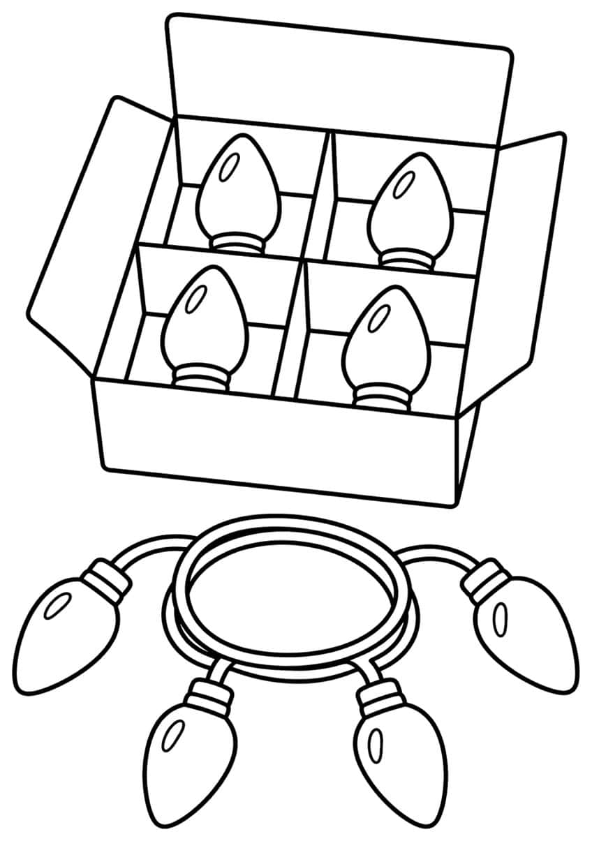 Open box with four spare Christmas bulbs and a coiled light cord with four bulbs