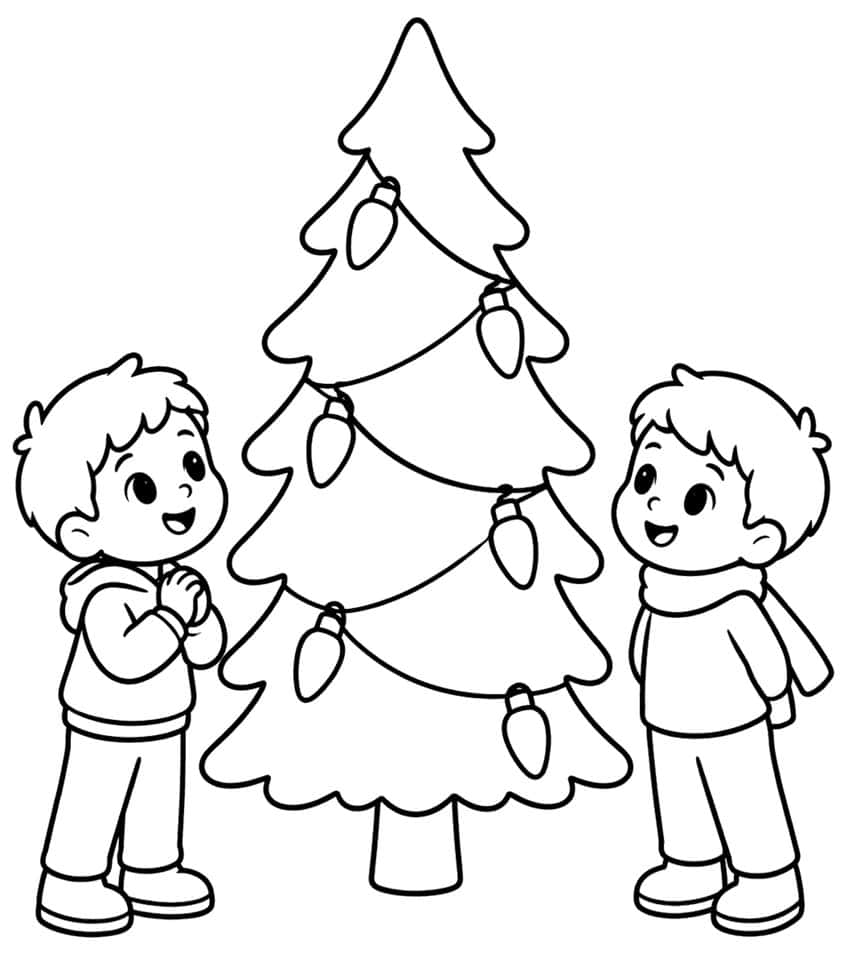 Two boys beside a fir tree with draped string lights and six large bulbs