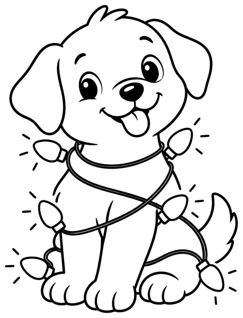 Smiling puppy with floppy ears sitting wrapped in a string of five Christmas bulbs