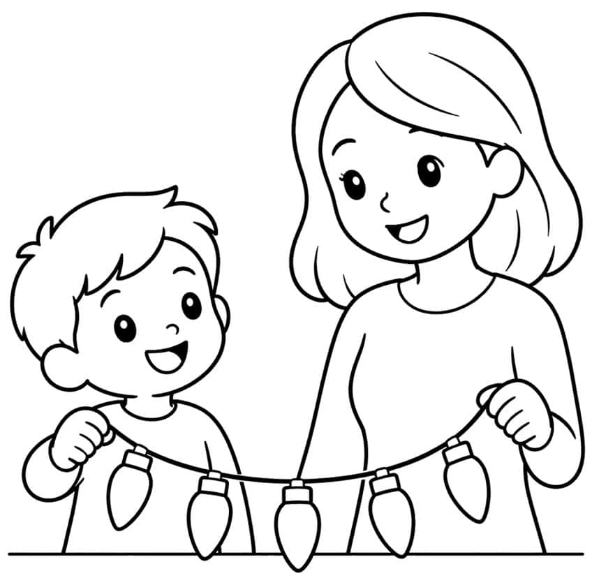 Smiling mother and boy holding a cord with five pointed Christmas bulbs