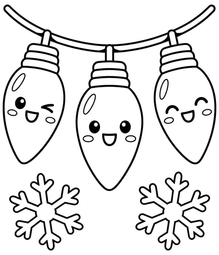 Three smiling Christmas bulbs on a string wire above two snowflakes