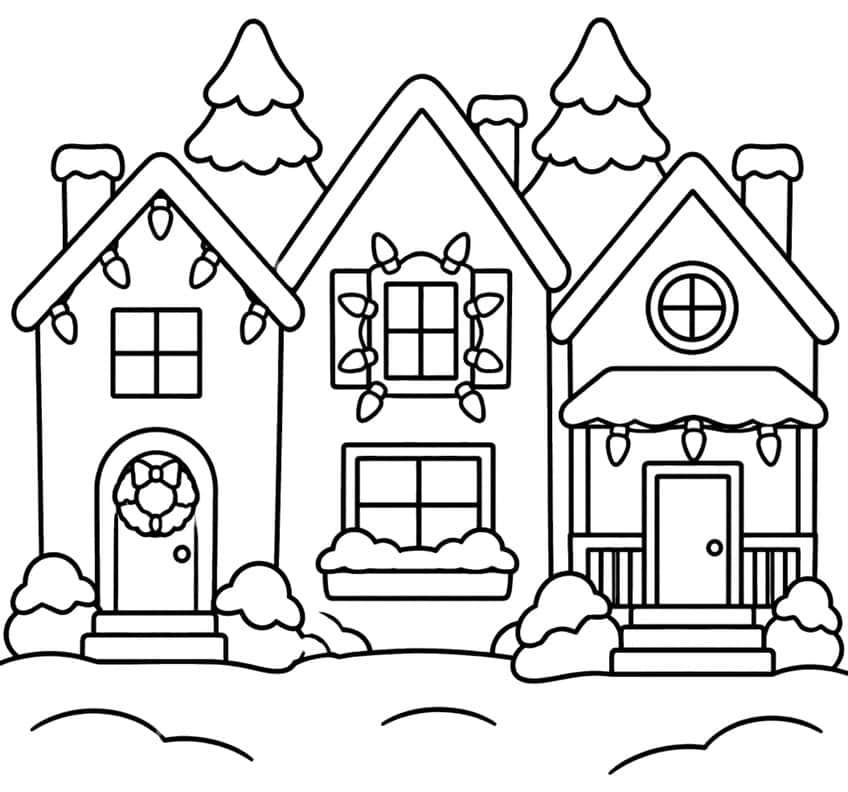 Three snowy houses with Christmas bulbs, a wreath, shuttered window, porch awning and two pine trees