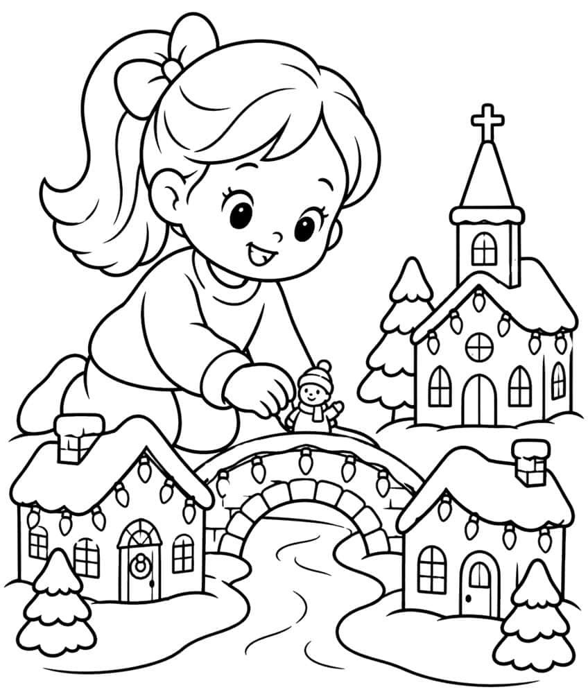 Girl with ponytail placing a snowman on a bridge in a toy village with church, houses and fir trees
