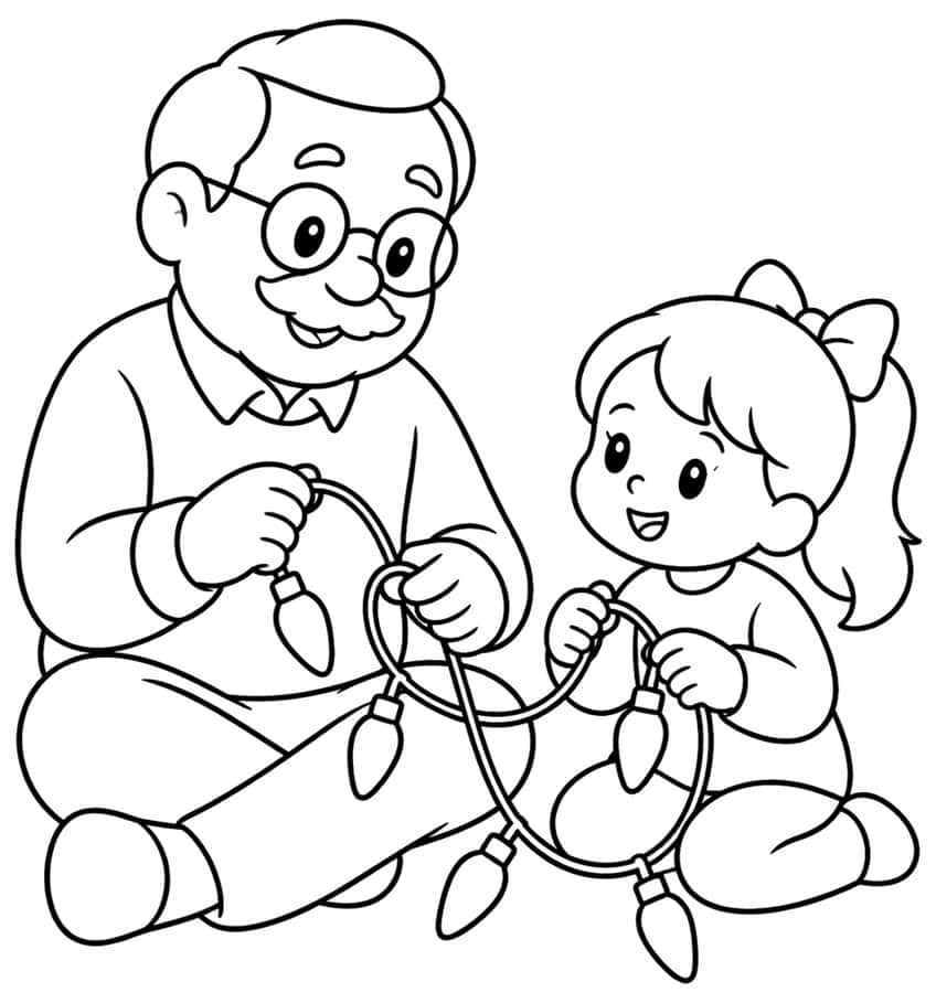 Grandfather with glasses and a girl with a bow untangling a Christmas light strand with bulbs