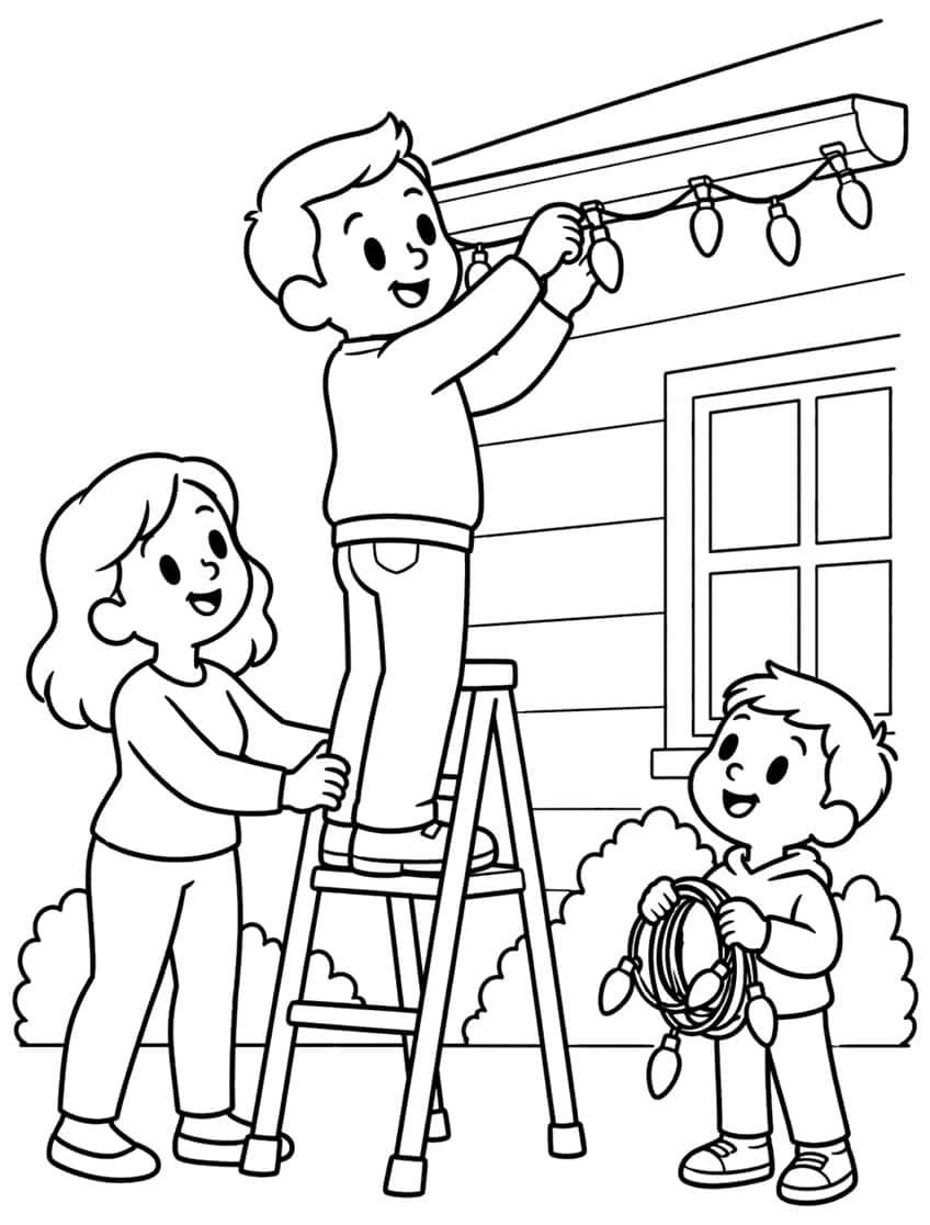 Boy on a ladder hanging bulbs on a gutter, woman holding the ladder, boy with coiled light cord