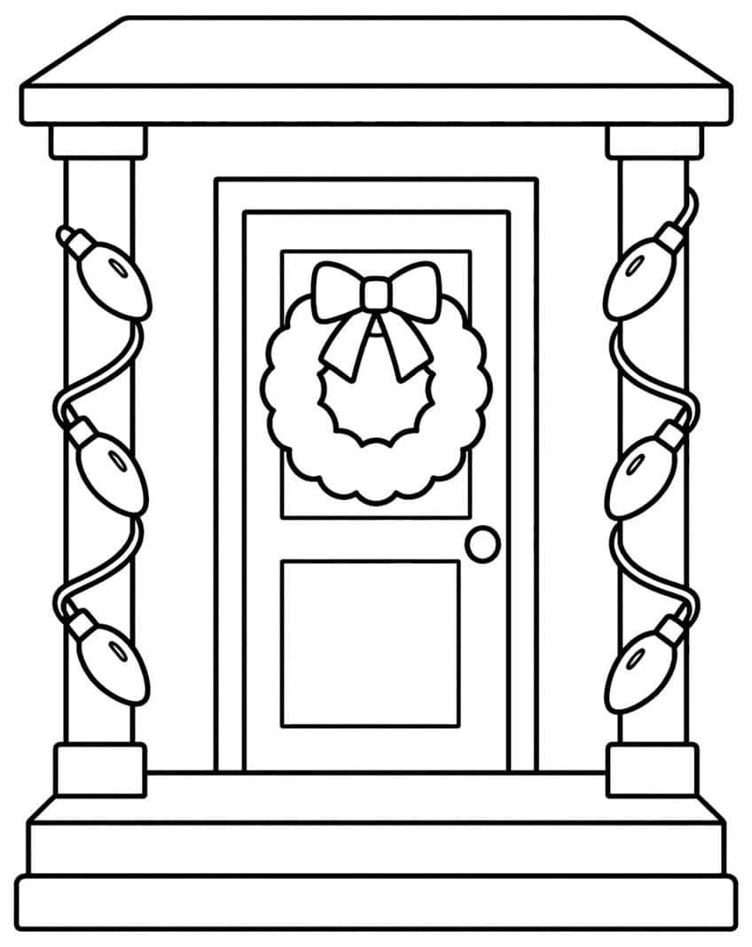 Front door with wreath and bow between two porch posts wrapped in bulb strings, above wide steps