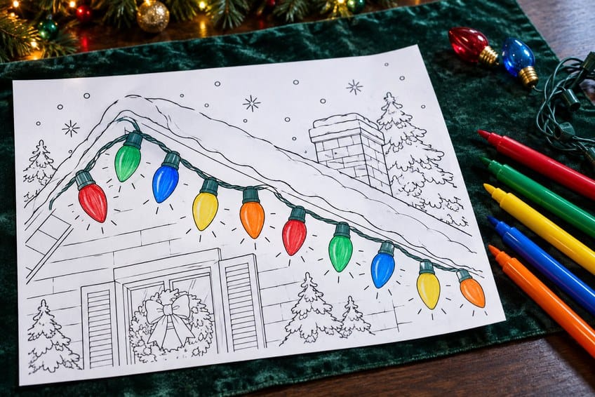 christmas lights coloring page partly colored in with pencils