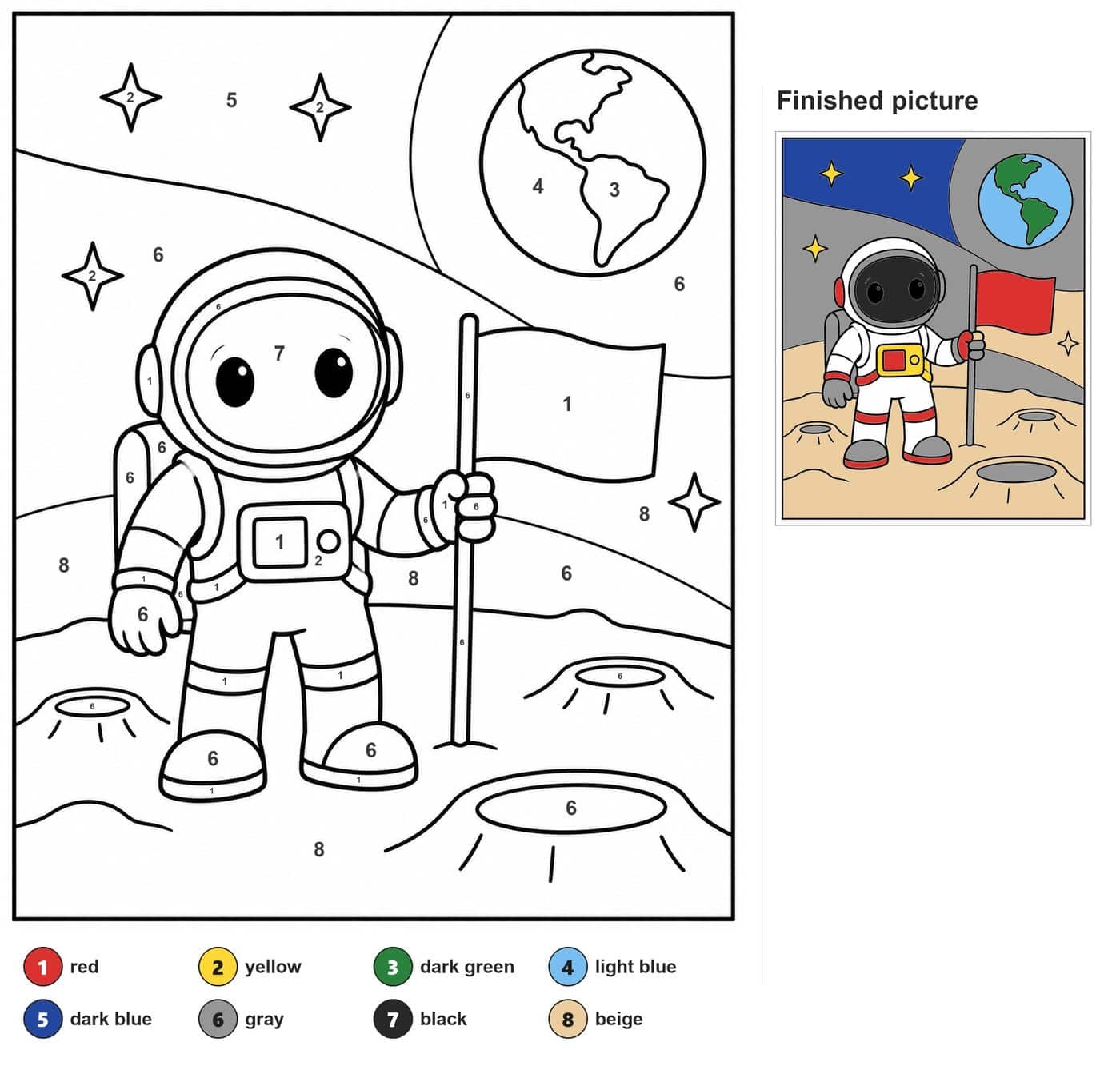 Astronaut in a helmet holding a flag on the moon, with craters, stars and Earth