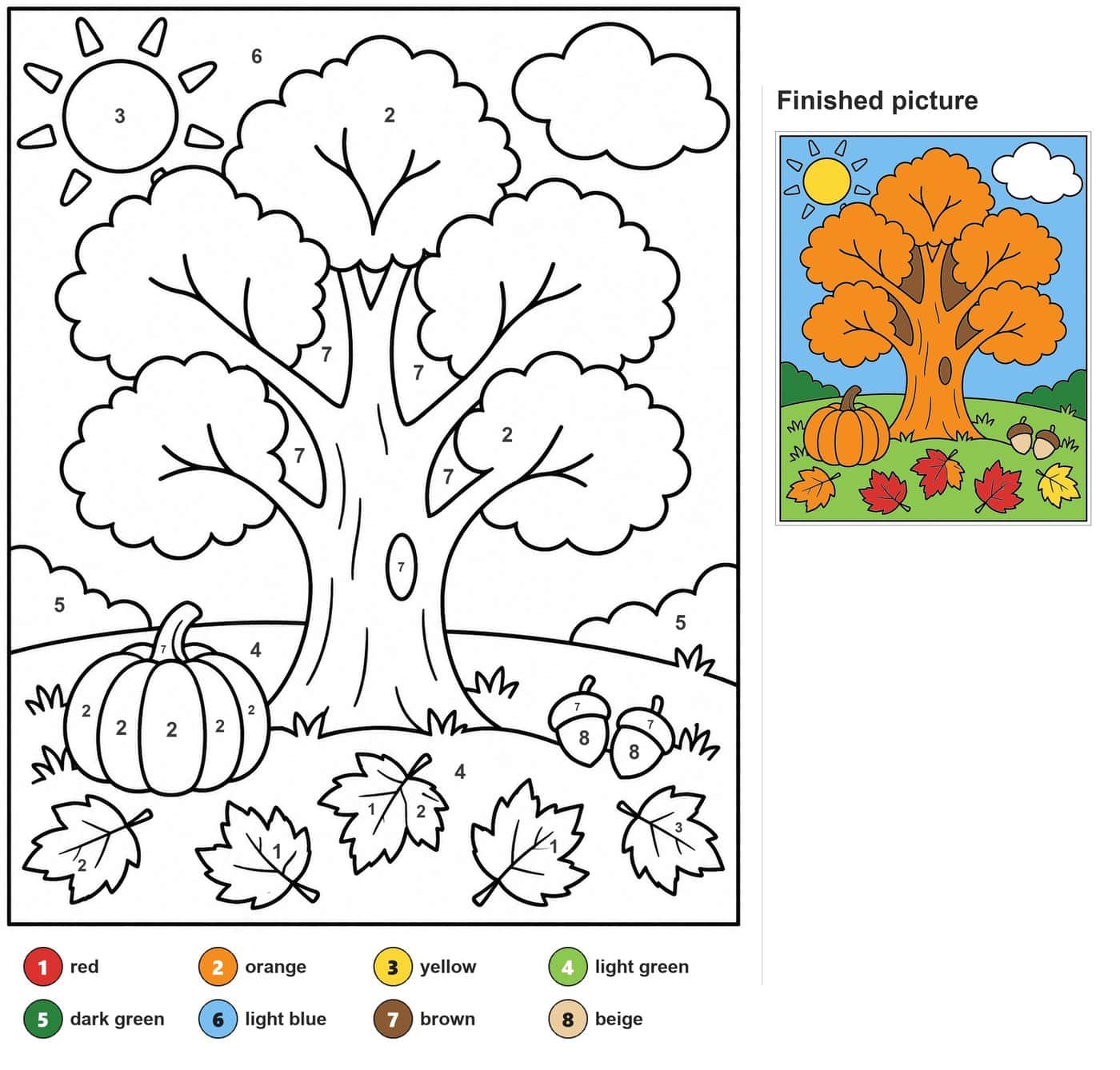 Autumn tree with five leafy crowns, pumpkin, two acorns, maple leaves, sun and cloud
