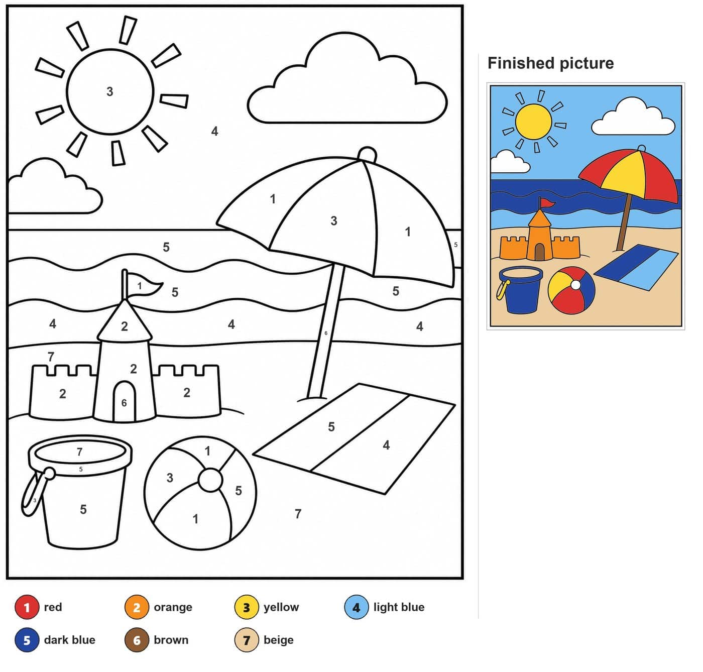 Beach with sandcastle, umbrella, towel, bucket, beach ball, waves, sun and clouds
