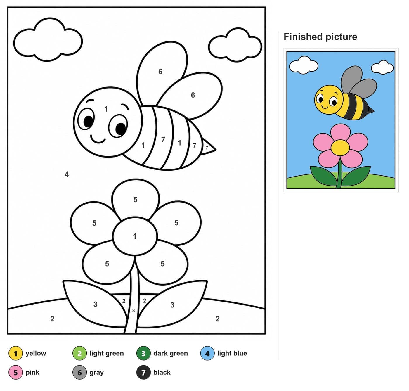 Smiling bee with striped body and two wings flying above a five-petal flower with leaves and two clouds