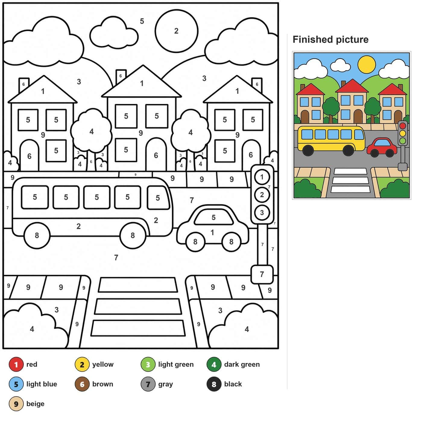 Street scene with three houses, a bus, a car, a traffic light, a zebra crossing, trees and clouds