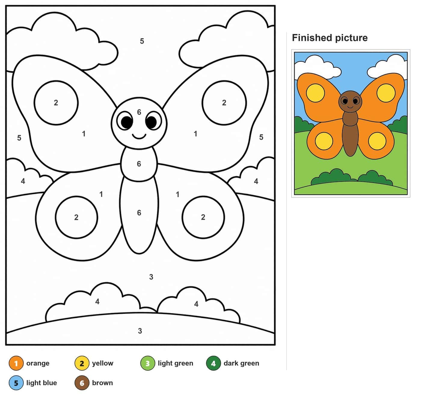 Smiling butterfly with four circle-spotted wings, clouds and a hill