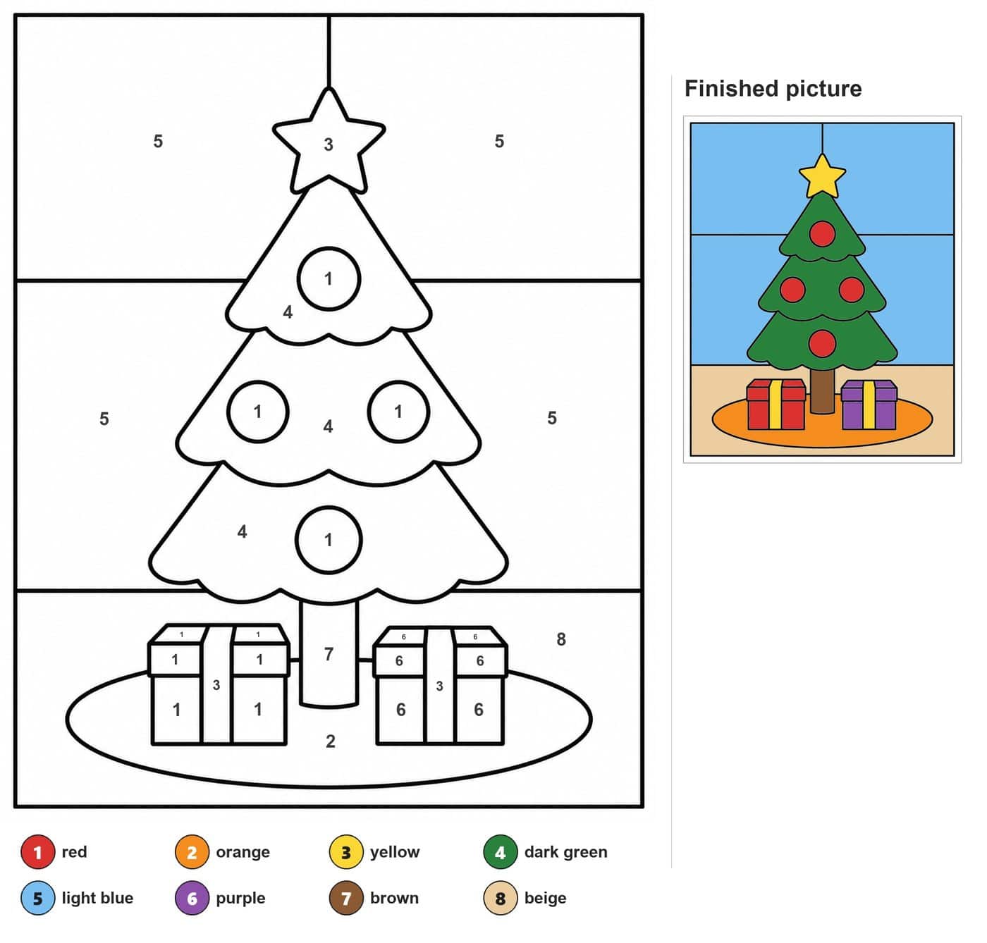 Christmas tree with star, four round ornaments, two gift boxes and an oval tree skirt