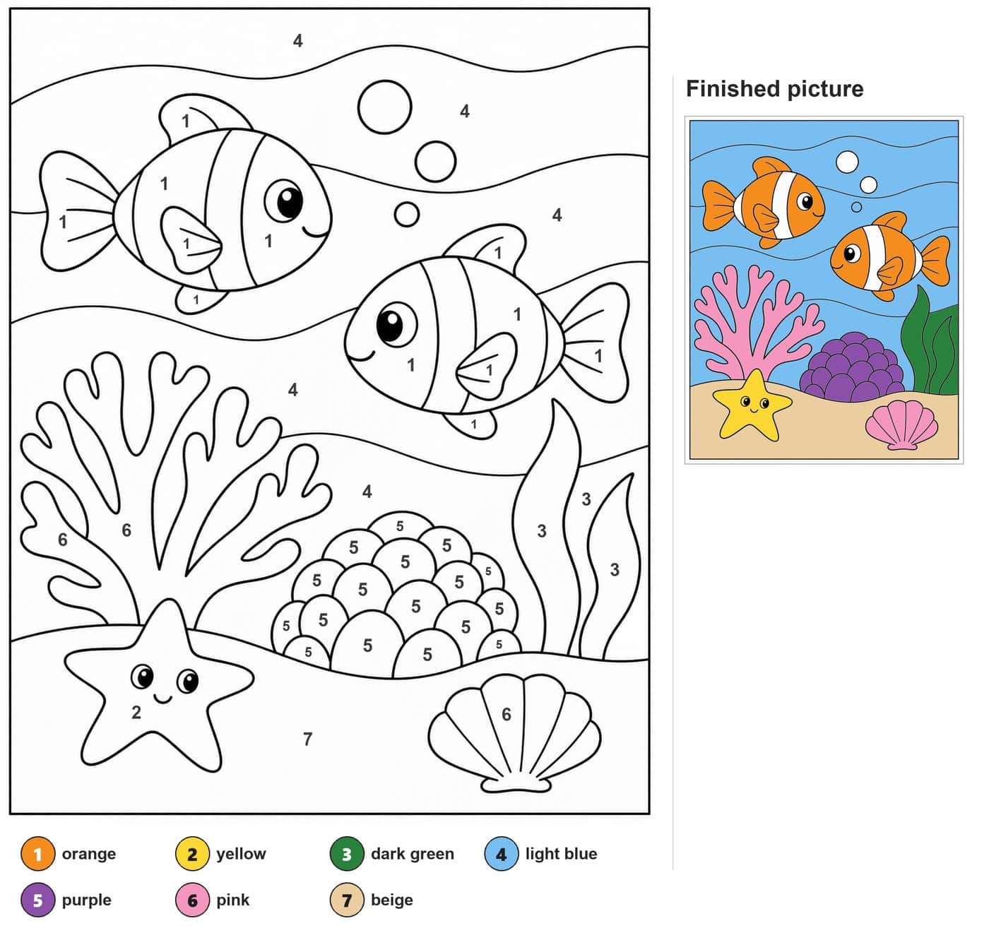 Two striped clownfish, bubbles, coral, seaweed, a smiling starfish and a scallop shell on the seabed