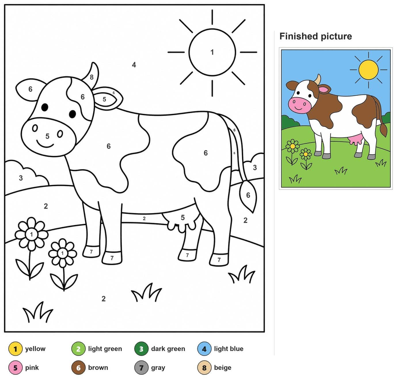 Smiling spotted cow in a meadow with two daisies, grass tufts, hills and a sun