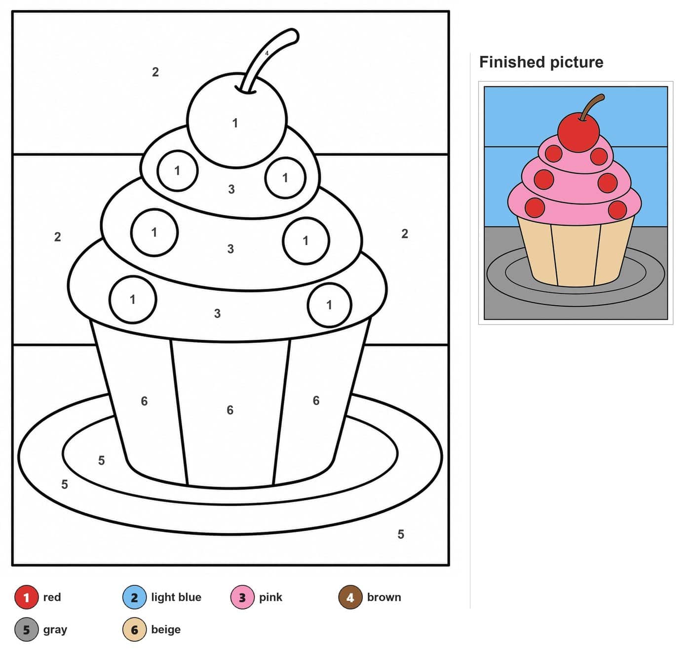 Cupcake with swirled frosting, round dots, a cherry on top and a paper wrapper on an oval plate