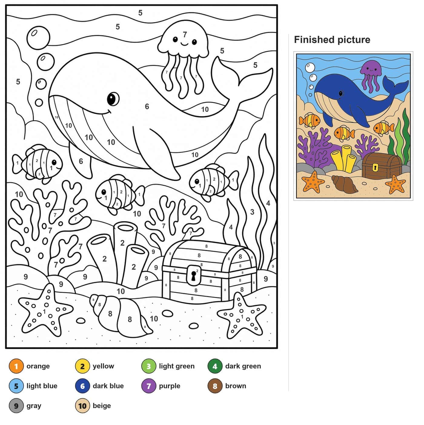 Smiling whale, jellyfish, three fish, treasure chest, corals, starfish and shell under the sea