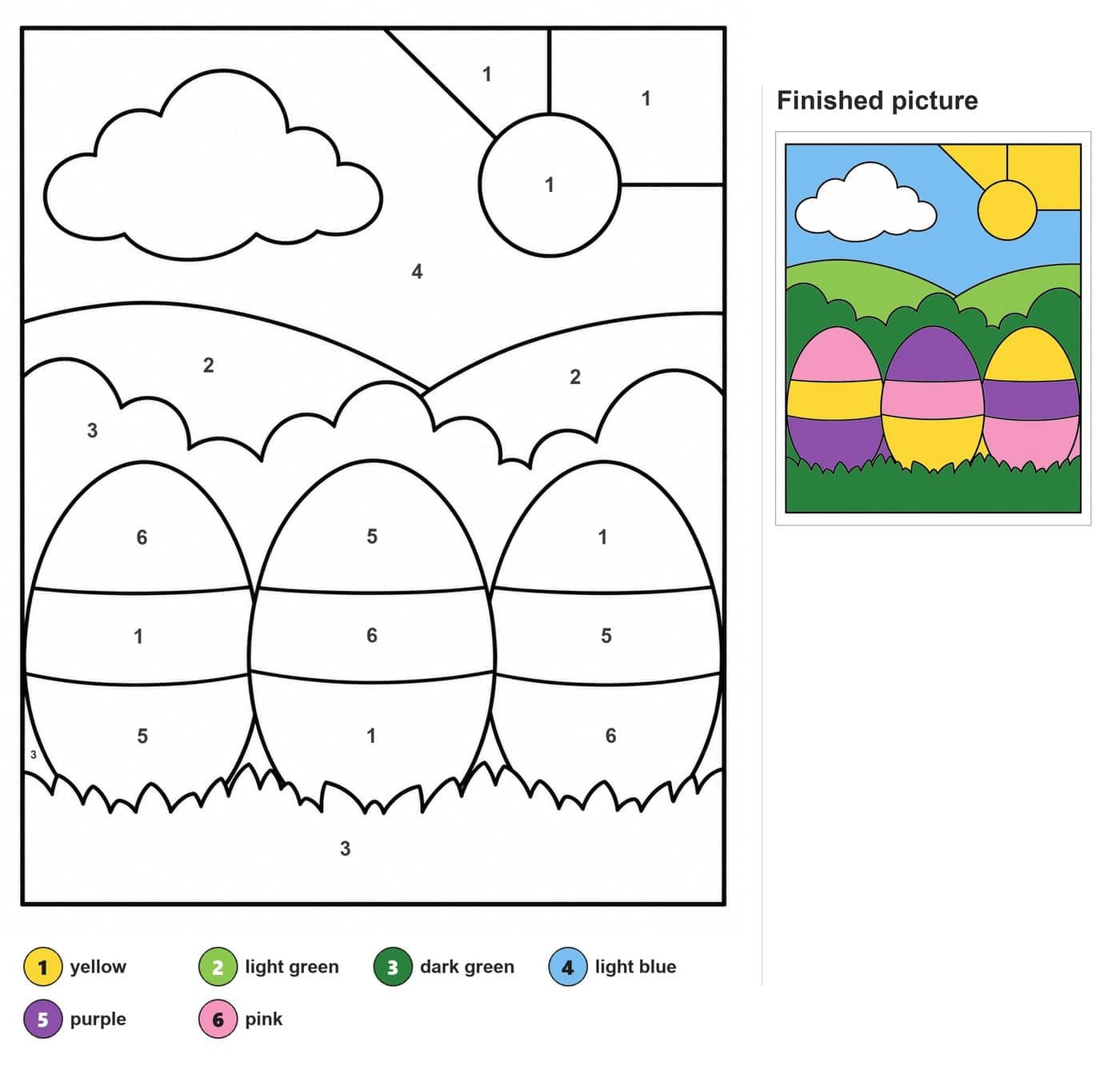 Three banded Easter eggs in grass with bushes, hills, a cloud and a sun
