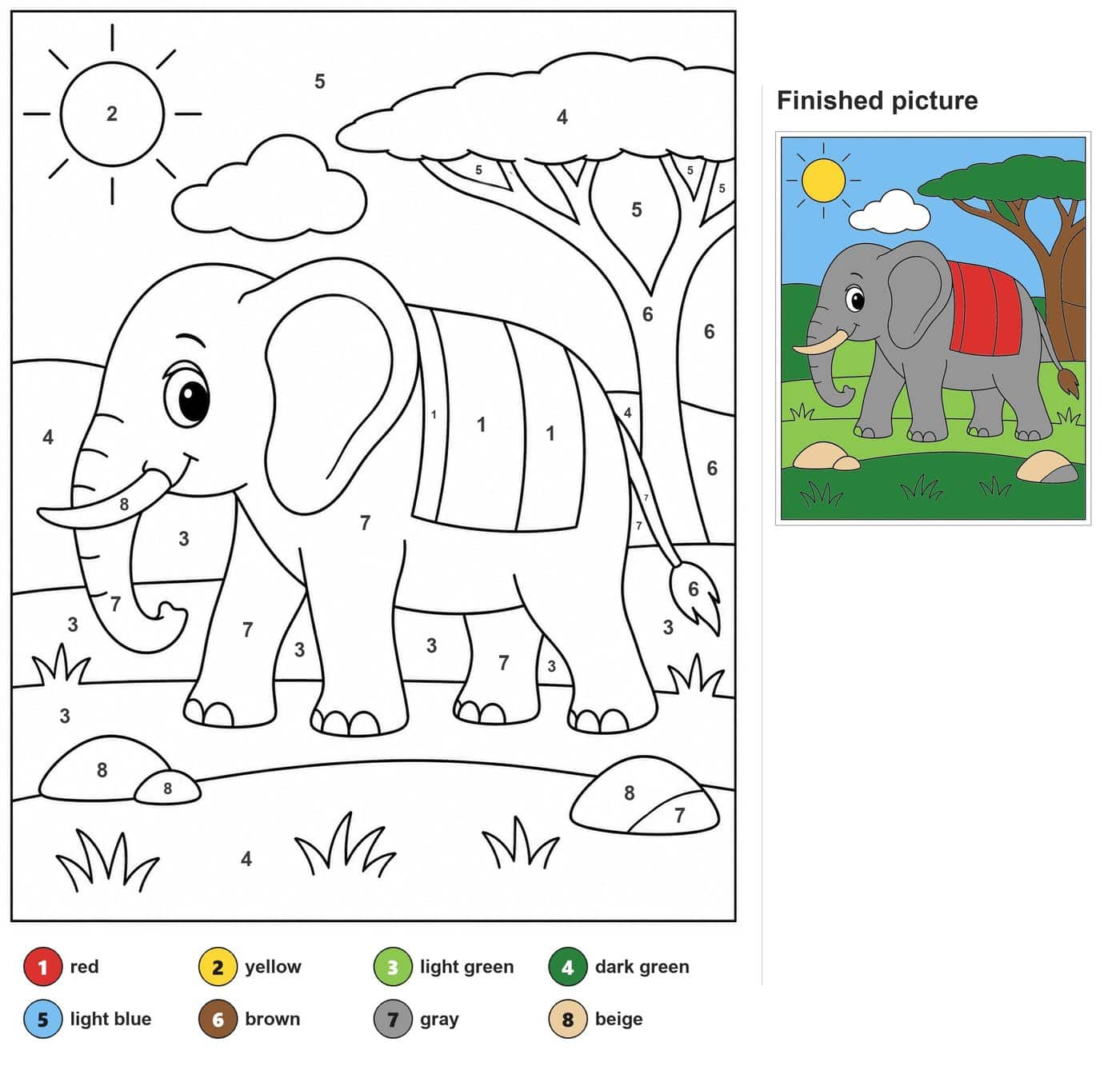 Smiling elephant with striped blanket, acacia tree, sun, cloud, rocks and grass tufts