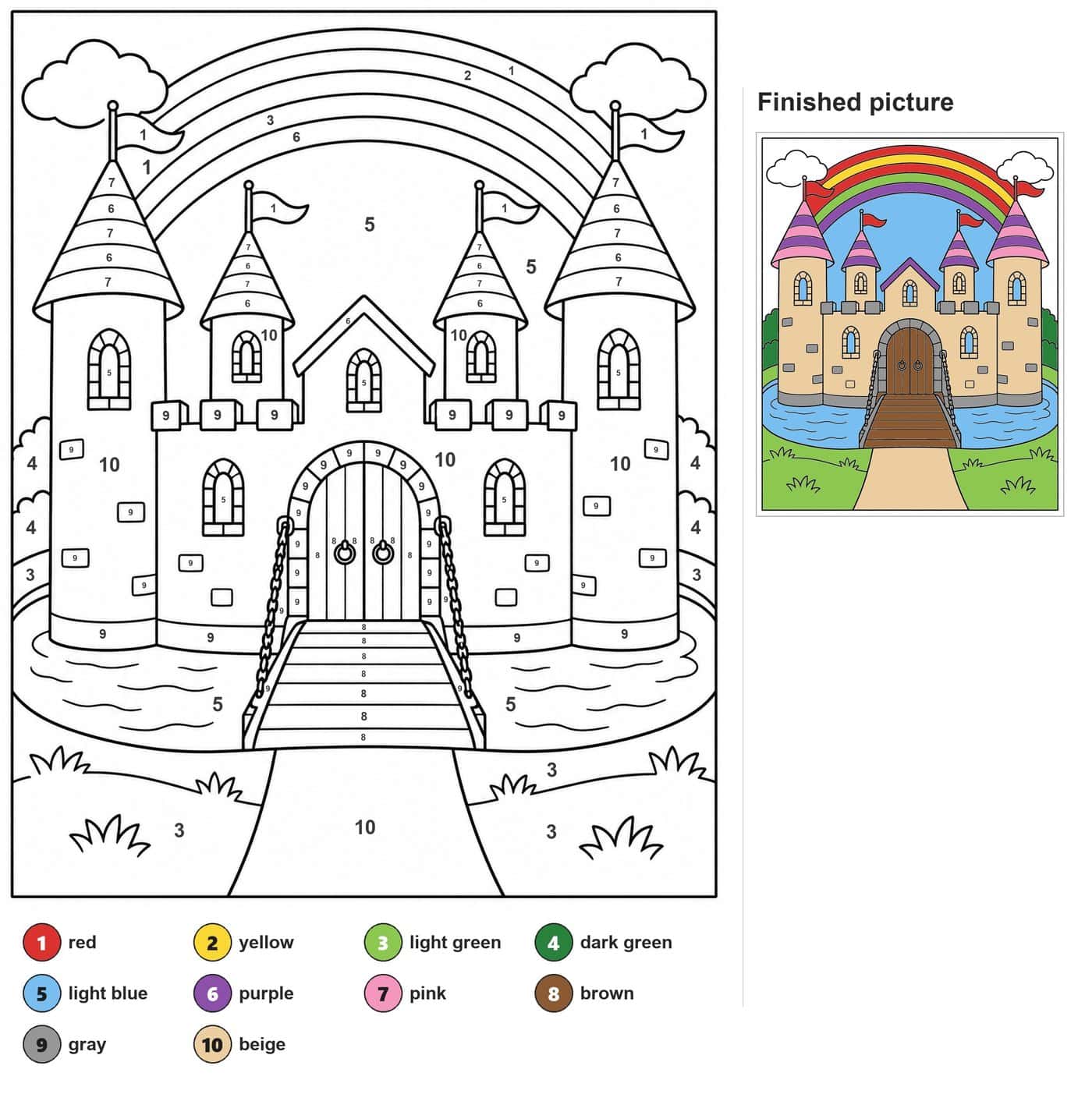 Castle with four striped towers, flags, drawbridge, moat and a rainbow arching overhead