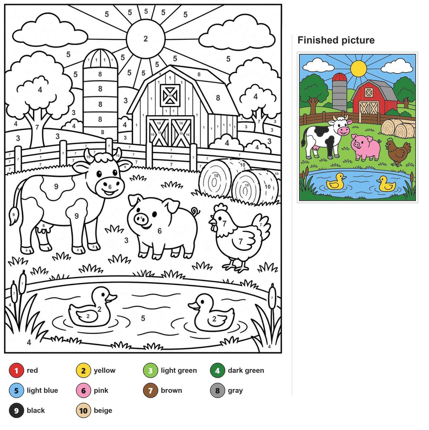 Farm scene with cow, pig, hen, two ducks on a pond, barn, silo, hay bales and sun