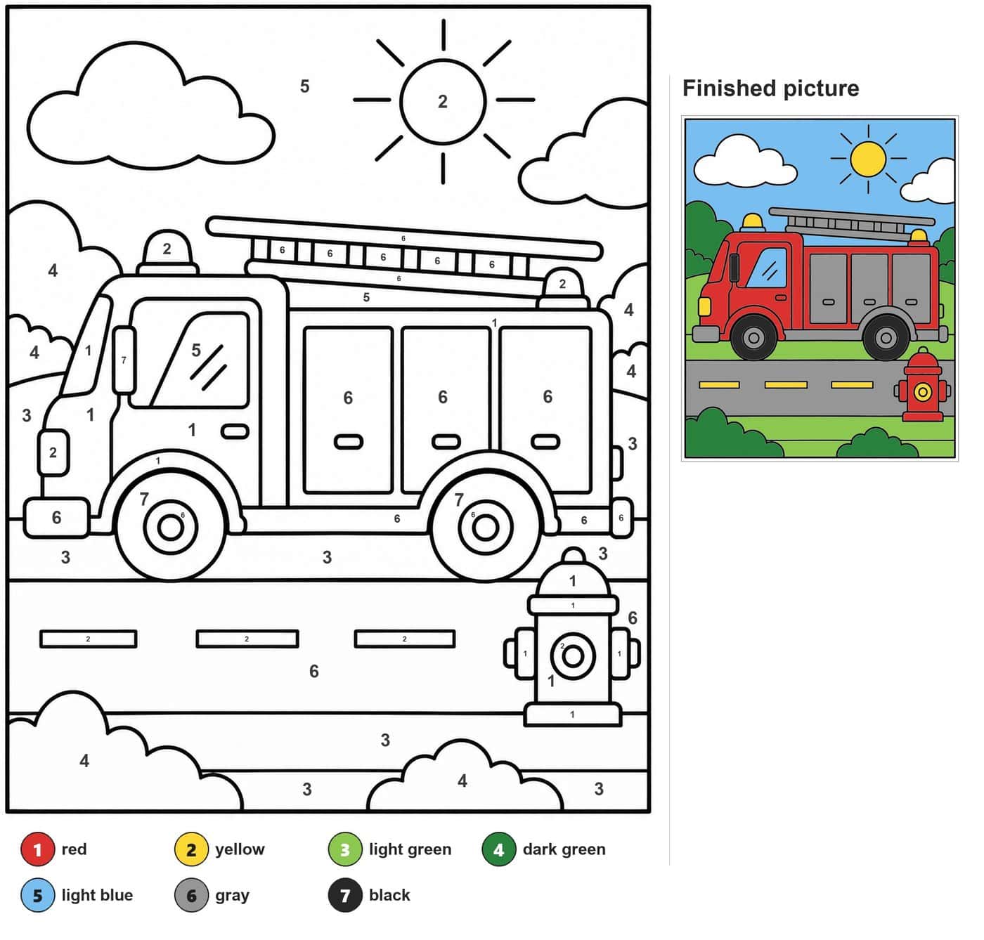 Fire truck with ladder and three side doors, fire hydrant, road, sun and clouds