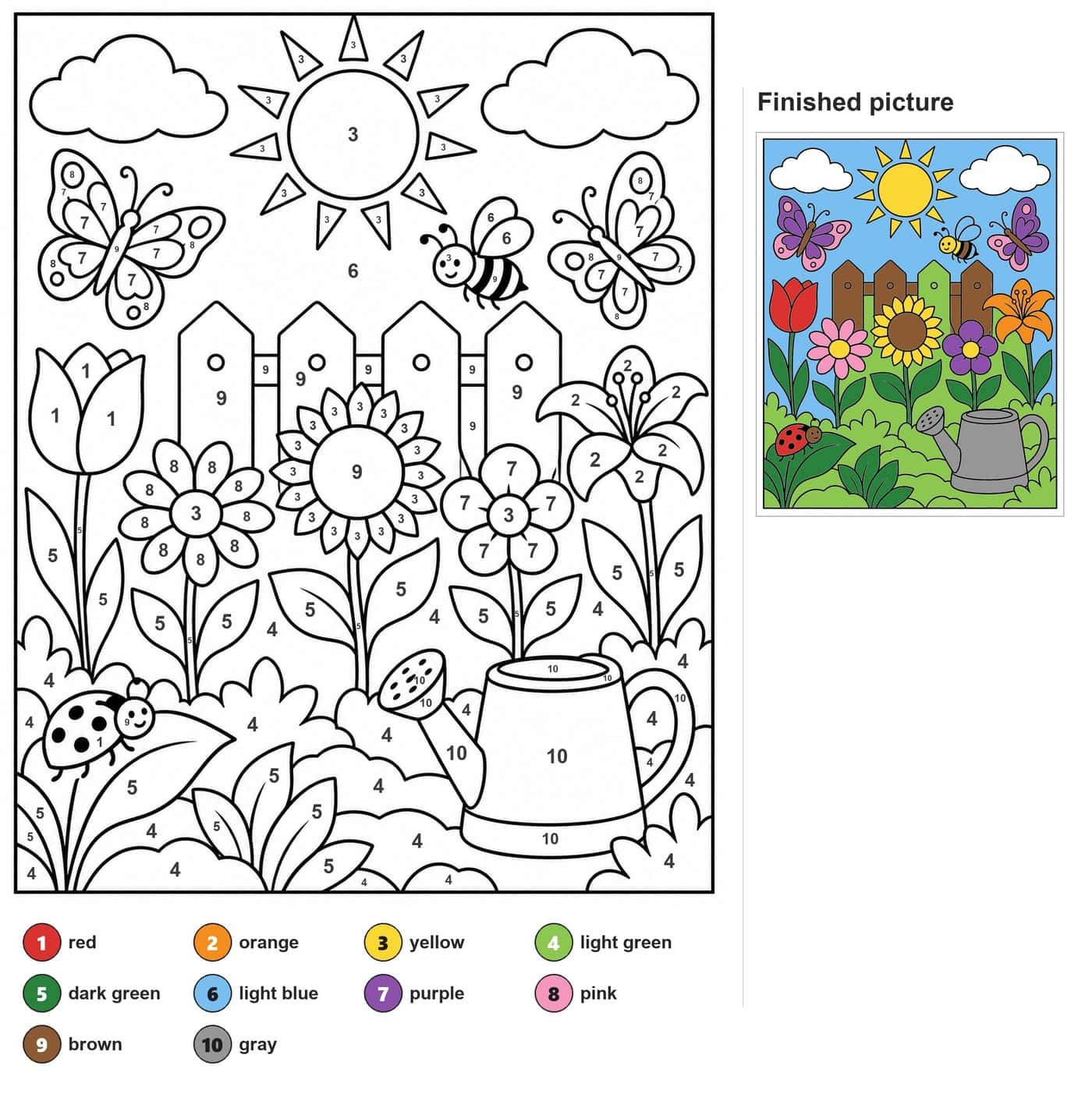 Garden with fence, tulip, sunflower, lily, watering can, ladybug, bee, two butterflies, sun and clouds