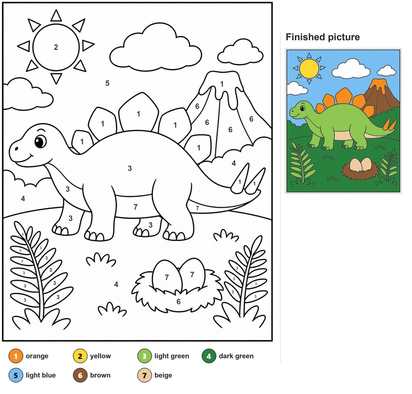 Smiling stegosaurus with back plates, volcano, egg nest, ferns, sun and clouds