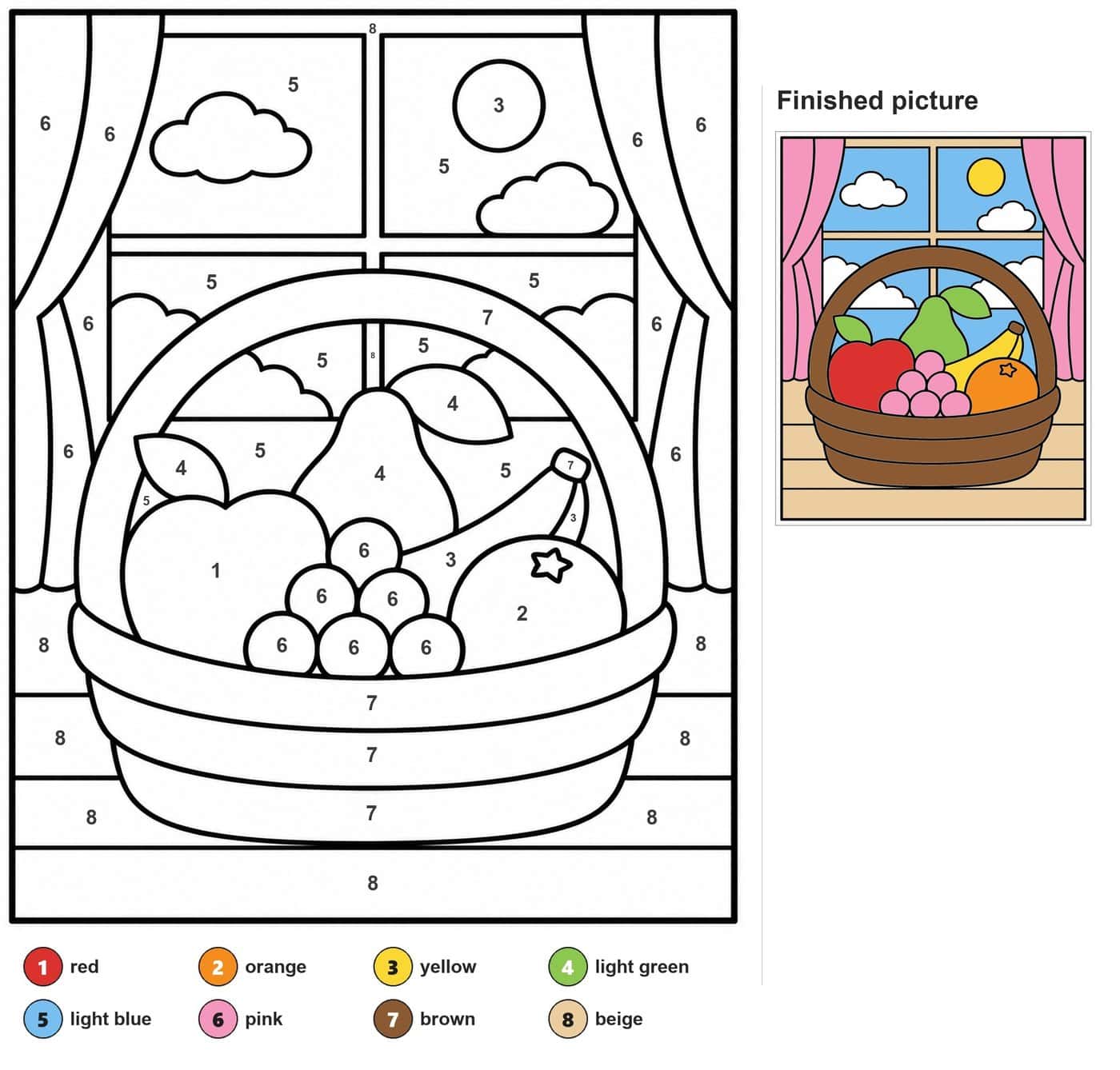 Fruit basket with apple, pear, banana, orange and grapes in front of a window with curtains, sun and clouds