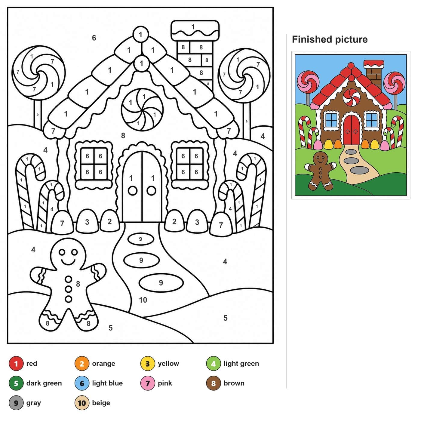 Gingerbread house with lollipops, candy canes, gumdrops, path and a smiling gingerbread man