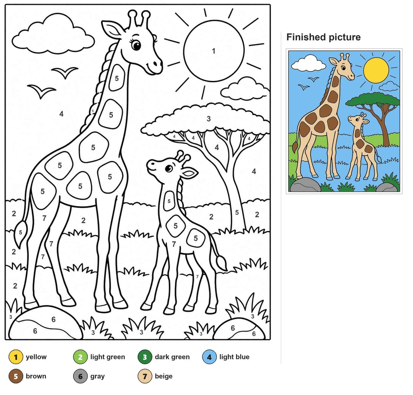 Mother giraffe and baby giraffe under a sun with an acacia tree, clouds, birds, grass and rocks