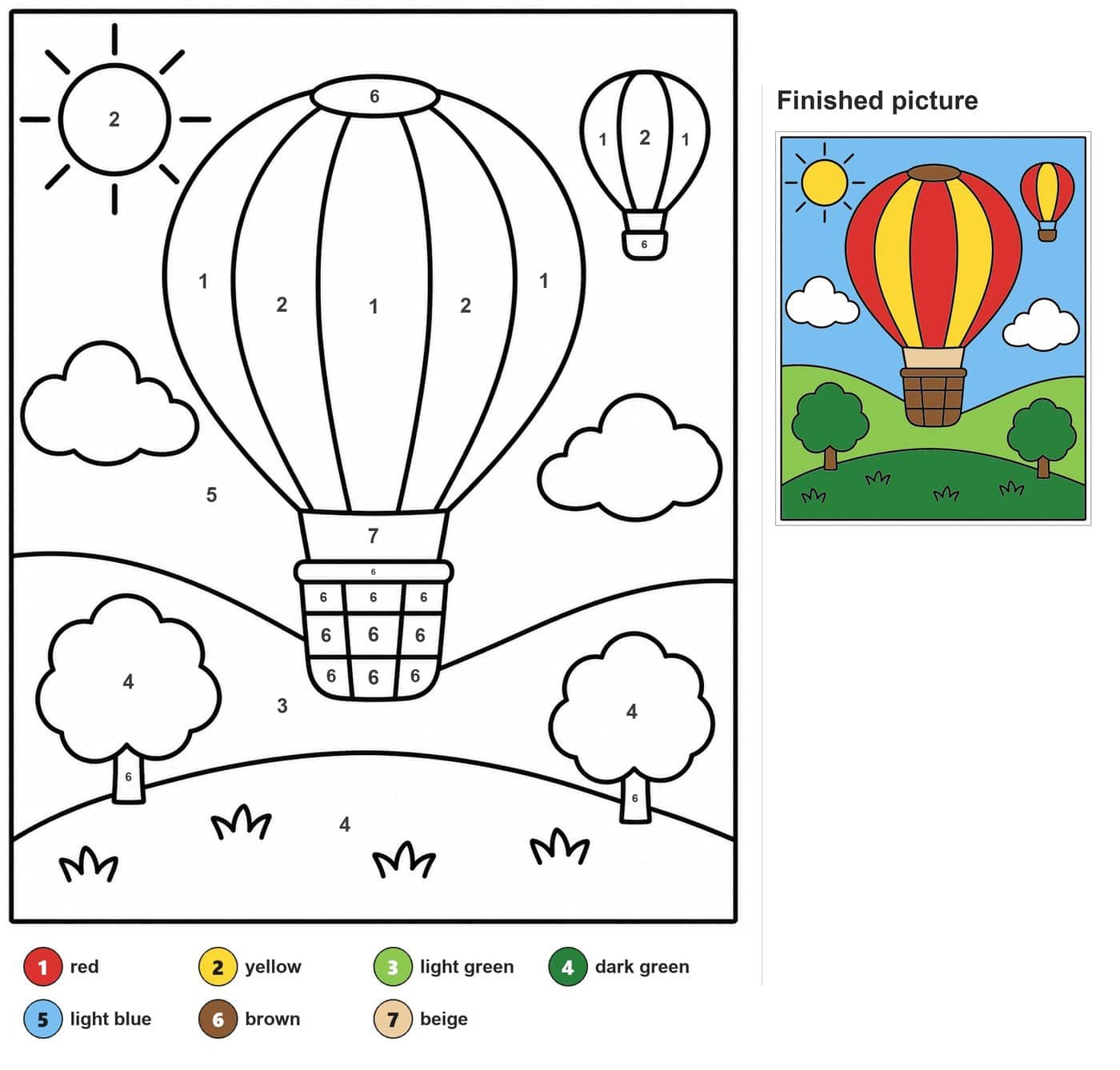 Large hot air balloon, small balloon, sun, two clouds, two trees and grassy hills