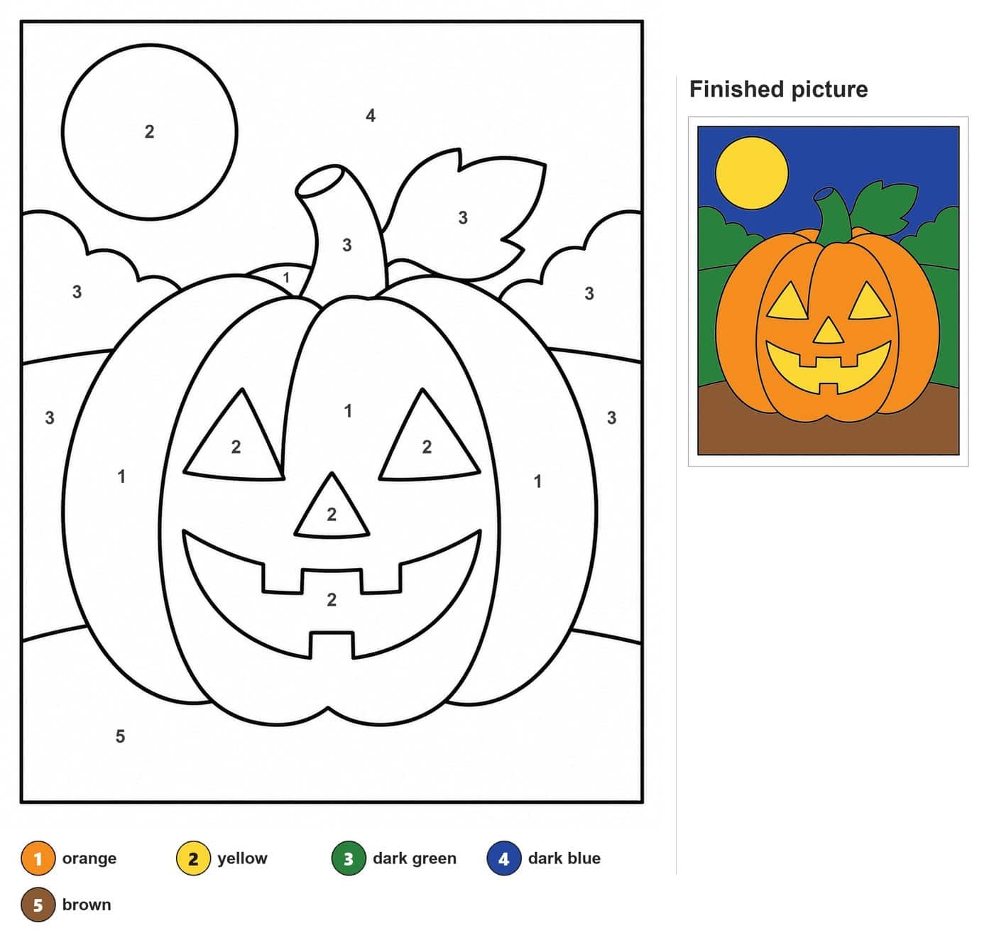 Carved jack-o'-lantern with stem and leaf, full moon, bushes and hills in the background