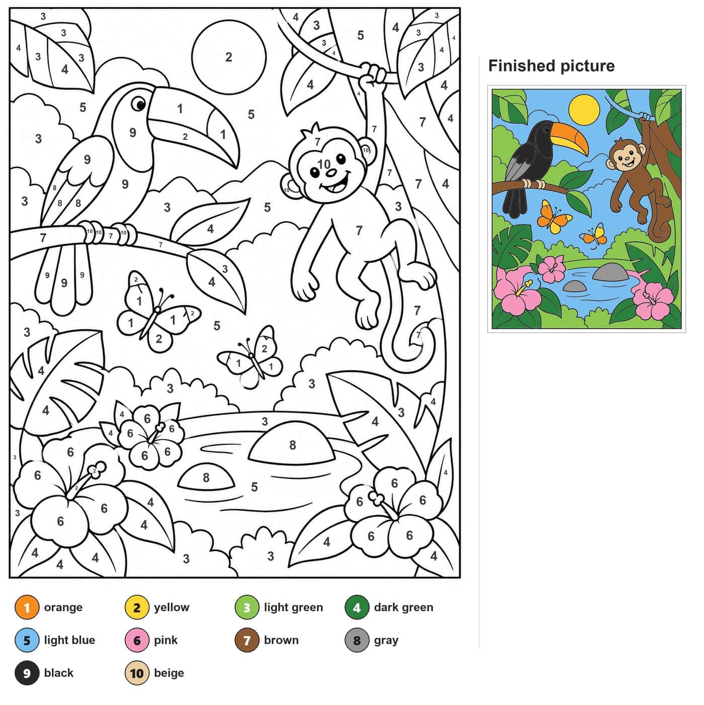 Toucan on a branch, monkey on a vine, two butterflies, hibiscus flowers, pond and sun