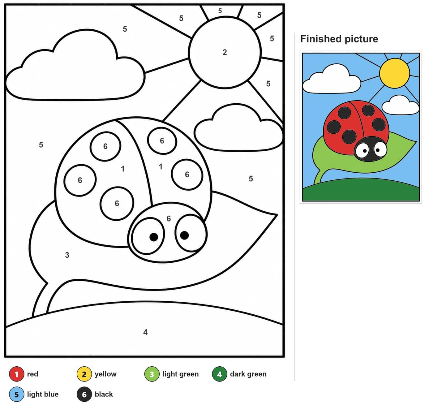 Ladybug with six spots on a leaf, a sun with rays, two clouds and a grassy hill