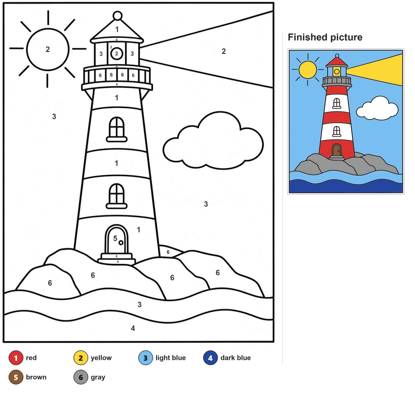 Lighthouse with light beam on rocks and waves, with a sun and a cloud
