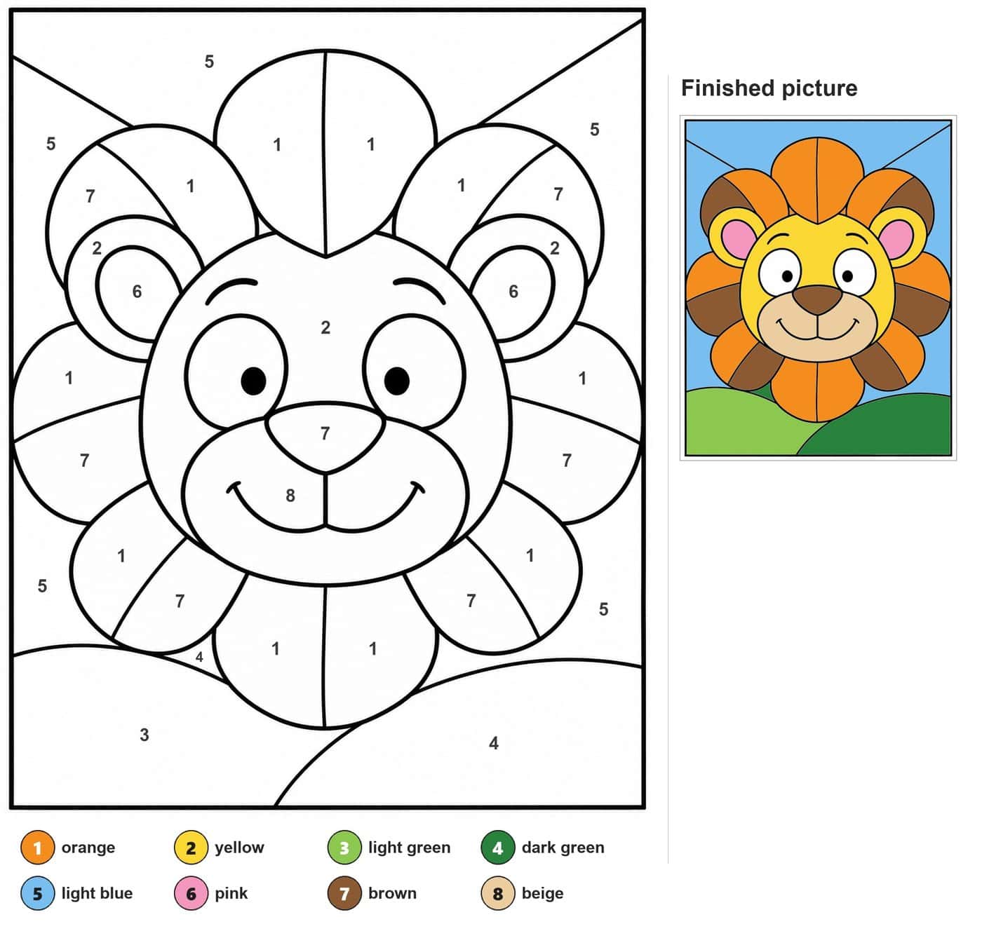 Smiling lion face with a petal-shaped mane, round ears, big eyes and a nose