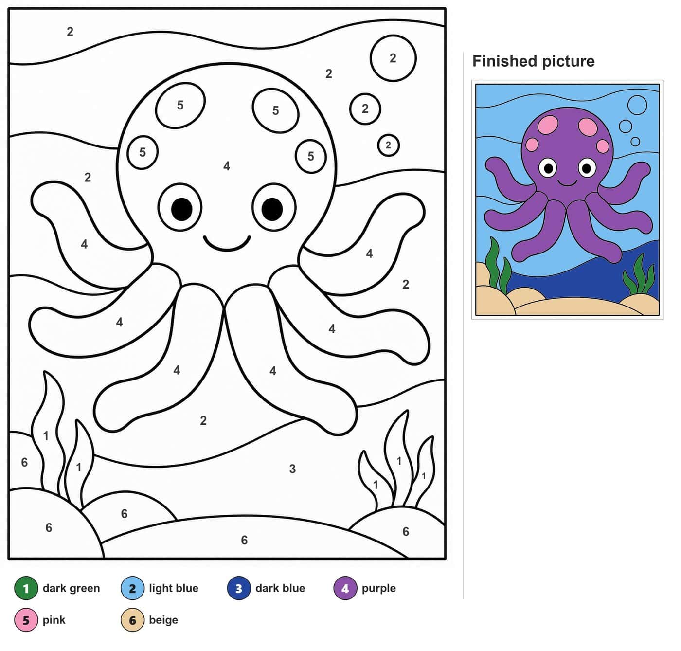 Smiling octopus with spotted head, curly arms, bubbles, seaweed and rocks